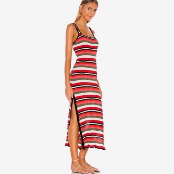 SOLID & STRIPED Red Pink Green Striped Ribbed Midi Dress - Picture 3 of 15